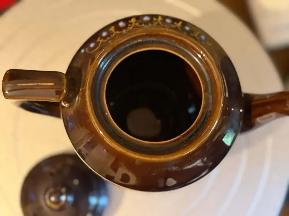 Vintage Japanese Brown Redware Teapot with Floral Moriage Enamel and Gold Trim